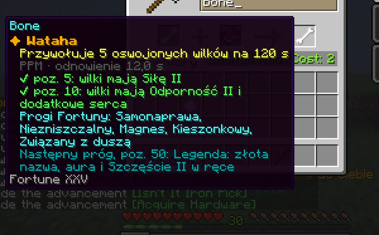 Opis umiejętności z odblokowanymi progami