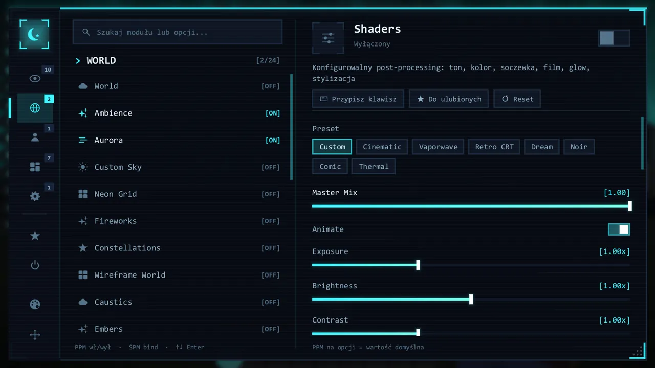 Panel ustawień modu NyxCode Visuals